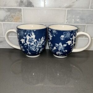 2 "AT HOME" Blue and White Tracey Boyd Collection Stoneware Coffee Mugs